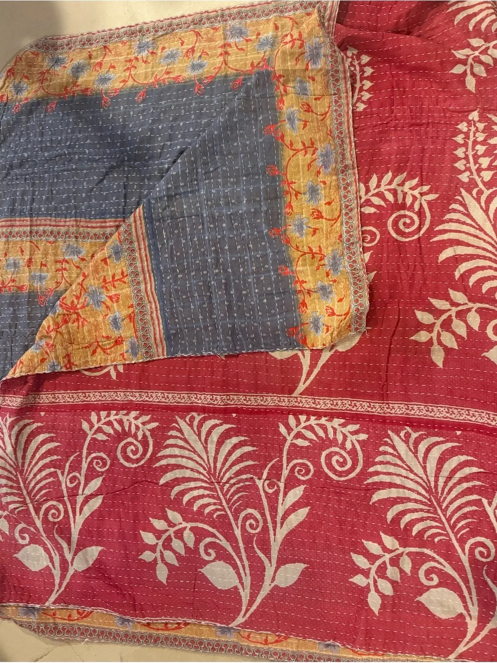 KAnTHA Reversible Quilted Home Throw in Blue, Yellow & Red Vintage